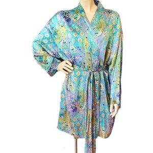1990s Vintage Victoria's Secret Blue Multi Color Floral Silk Short Robe Kimono
